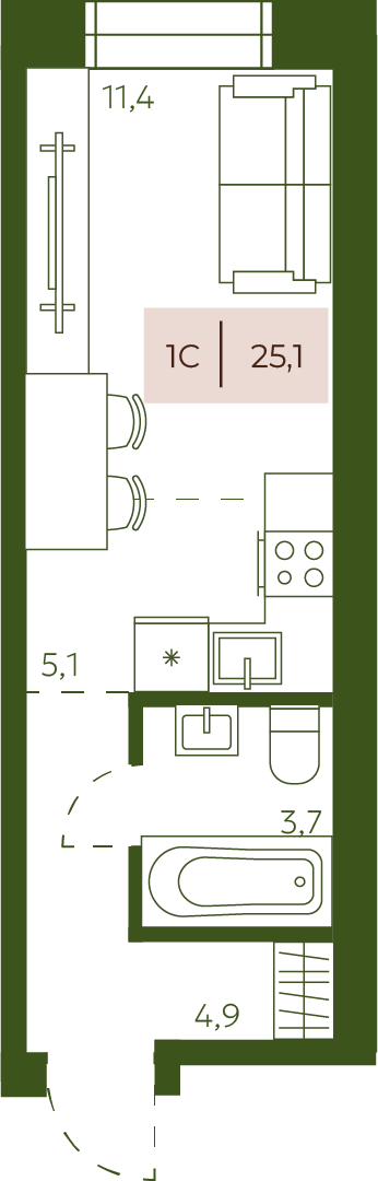 План квартиры №131 площадью 25,1 м²