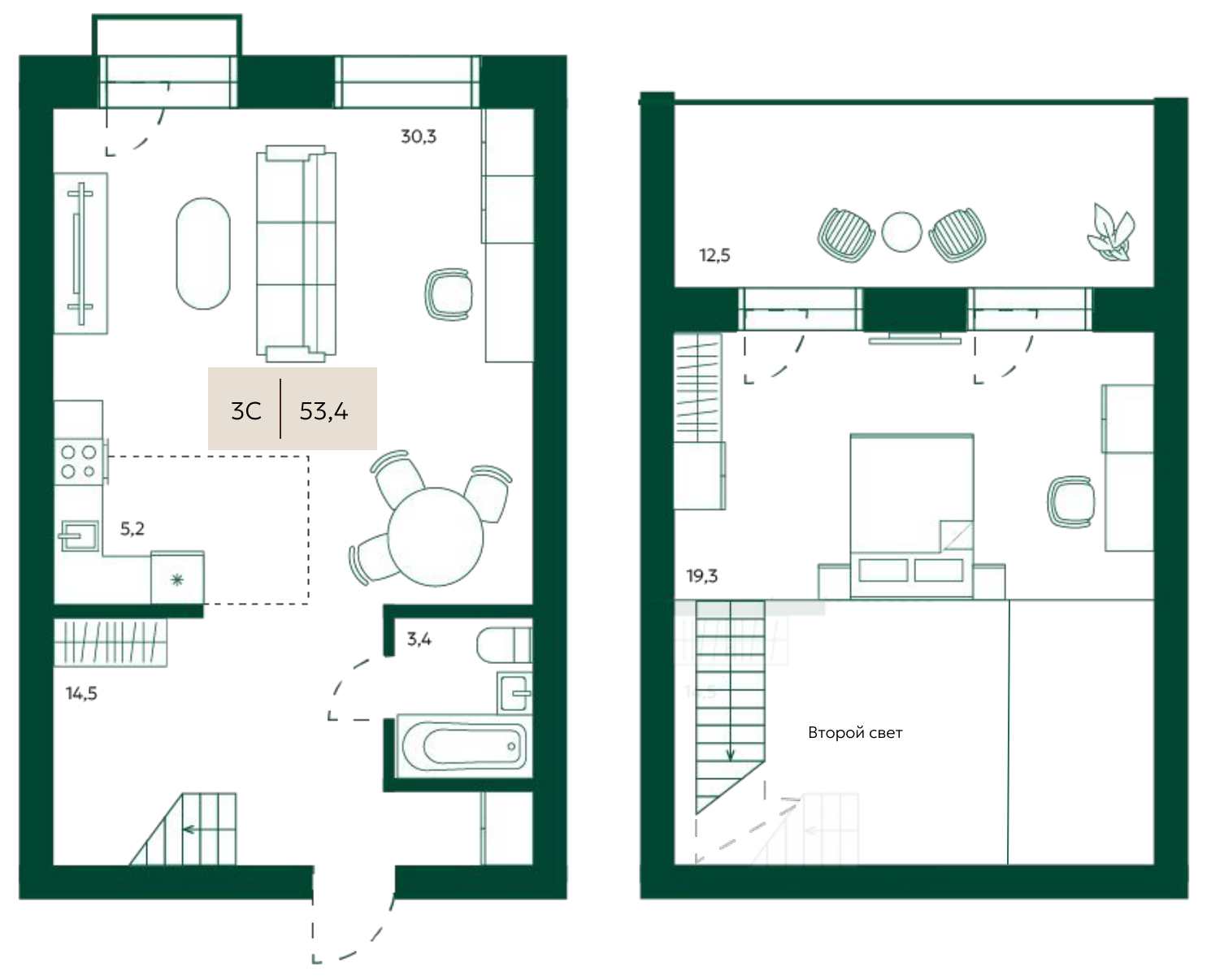 Двухуровневая квартира 53,4 м² со вторым светом