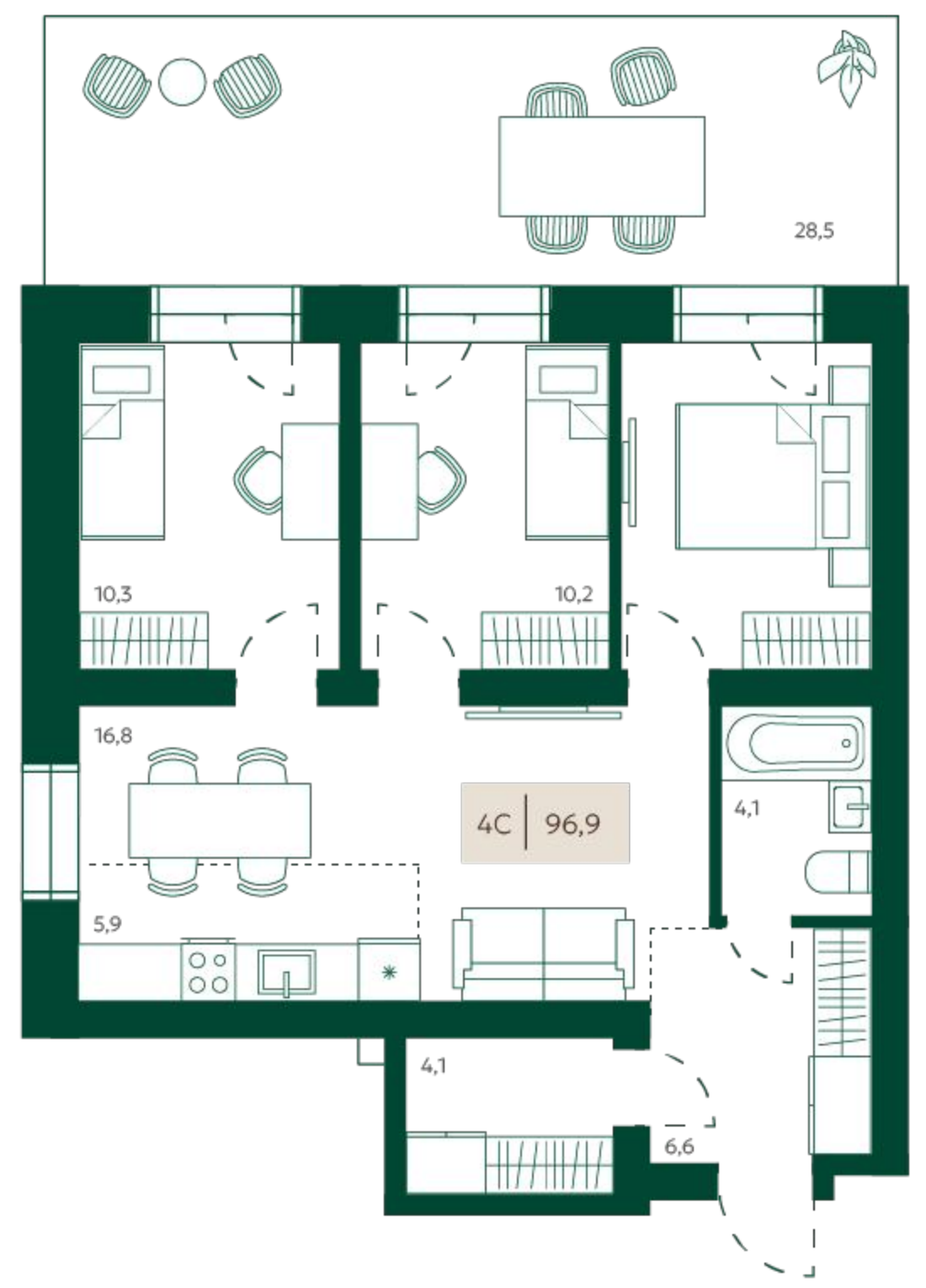 План квартиры 96,9 м² с выходами на патио